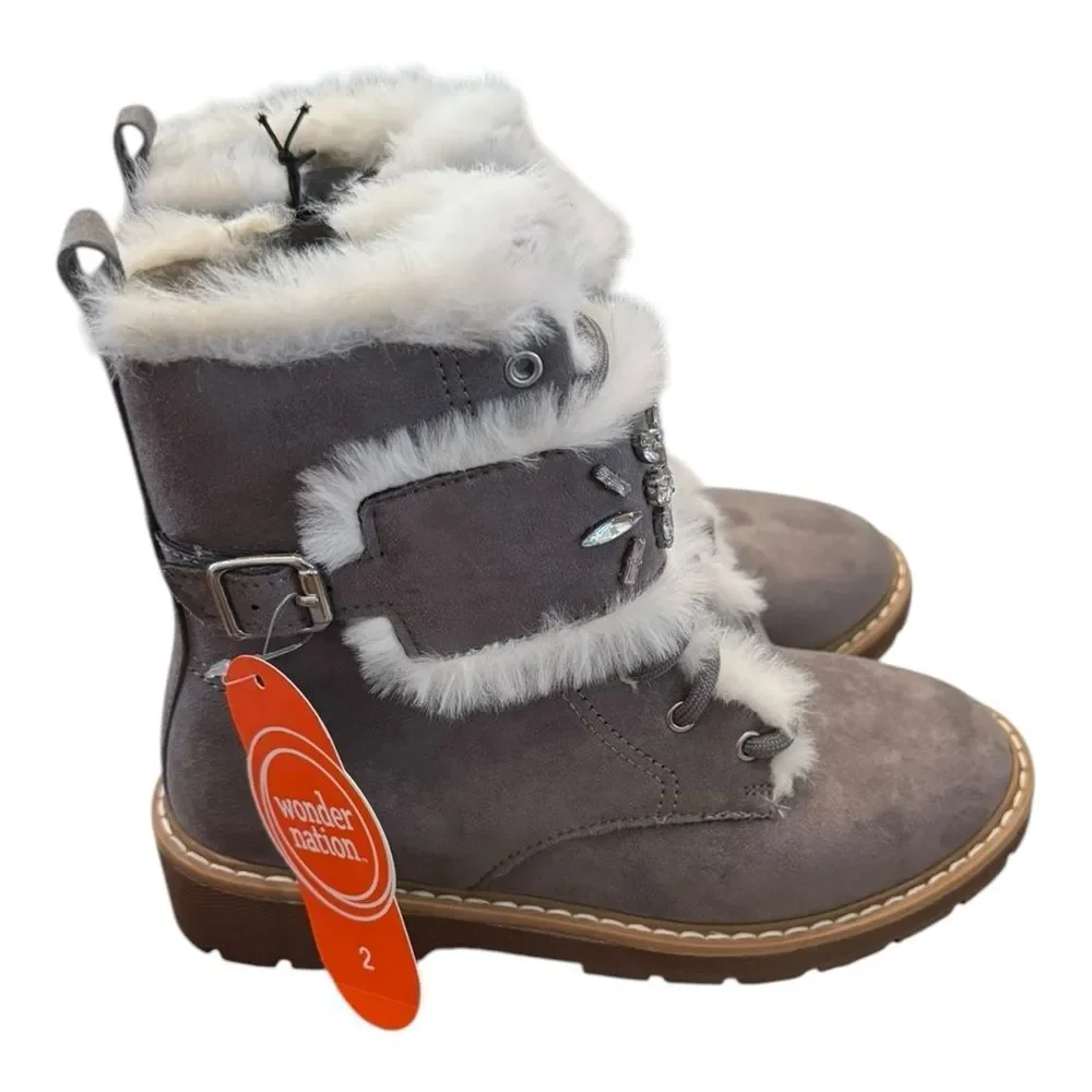 New Wonder Nation Gray Suede Boots White Fur Trim 2